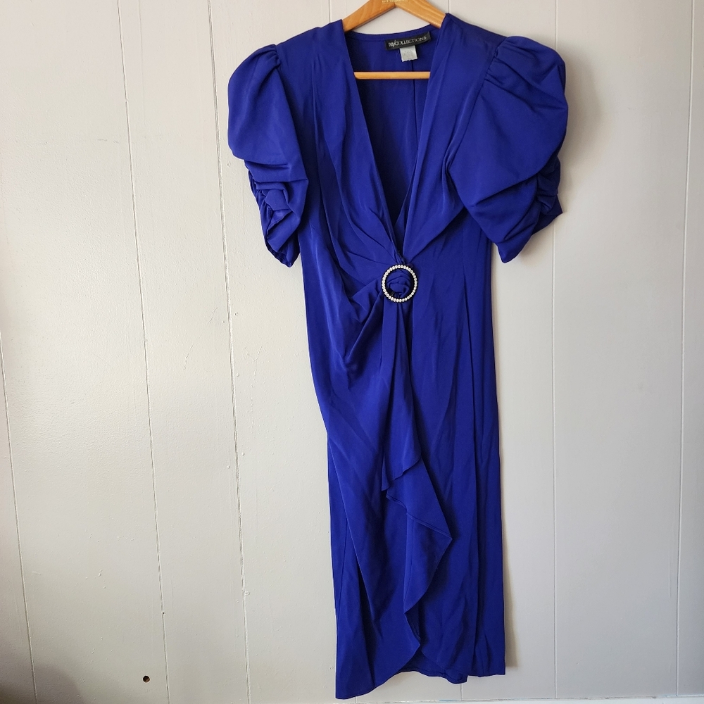 BB Collections Blue Wrap Dress Women’s Size 10 Vintage 80s Puff Sleeve High Low
